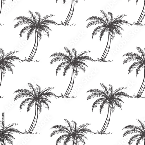 Hand drawn sketch seamless pattern  of palm tree.