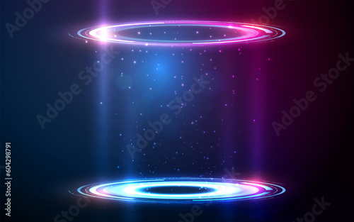 Abstract digital technology circle UI future HUD virtual interface. Hi-tech circle Futuristic 3D stage. Hologram of digital rings in dark room. GUI, UI. Virtual reality podium or portal. Vector EPS10.