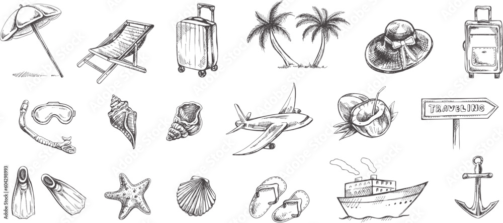 Hand drawn sketch set of travel icons. Sea  Tourism and adventure icons. Сlipart with travelling elements:  transport, palm, seashells,  luggage, beach, diving equipment.