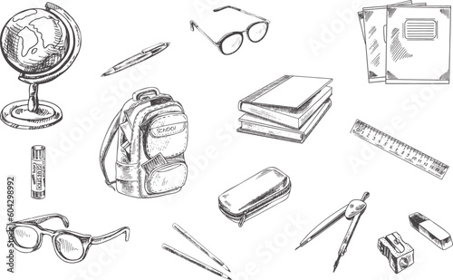 Back to School. Hand drawn Illustration isolated on white background. Vector set of school items. School illustration..