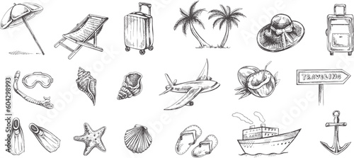 Hand drawn sketch set of travel icons. Sea  Tourism and adventure icons. Сlipart with travelling elements:  transport, palm, seashells,  luggage, beach, diving equipment.