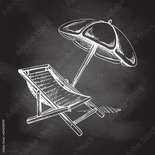 Hand drawn sketch of beach chair with beach umbrella. Vintage vector illustration isolated on chalkboard  background. Doodle drawing.