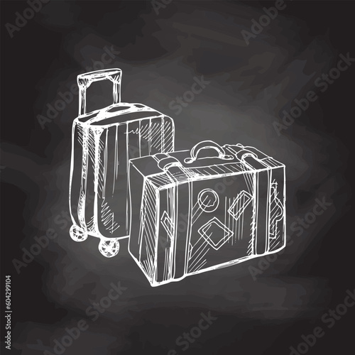 Hand drawn sketch of suitcases. Vintage vector illustration isolated on chalkboard  background. Doodle drawing.