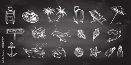 Hand drawn sketch set of travel icons isolated on chalkboard background. Sea  Tourism and adventure icons.  Transport, palm, seashells,  luggage, beach, diving equipment.