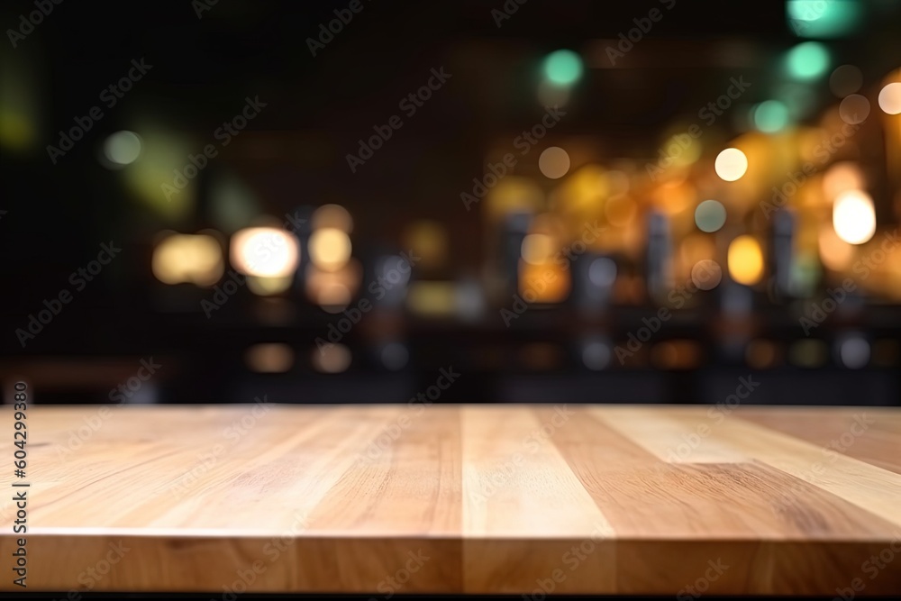 Empty wooden table and blur background with bokeh image. Product presentation concept, advertising. Generative AI.