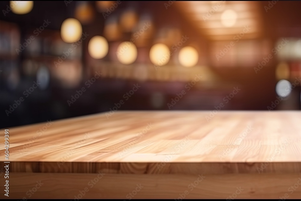 Empty wooden table corner at coffee shop blur background with bokeh image for product display. Generative AI.