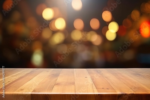 Empty wooden table and bar or restaurant bokeh background for product presentation. Generative AI.