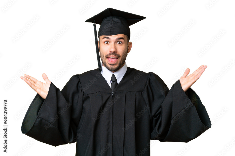 Young university graduate man over isolated chroma key background with shocked facial expression Young university graduate man over isolated chroma key background with shocked facial expression