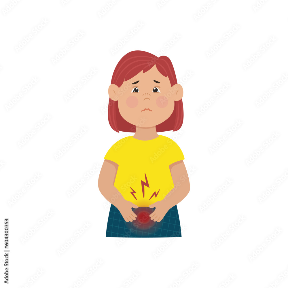 Cystitis in children, The girl holds her lower abdomen, Pain during urination. Vector illustration. Childrens infections.