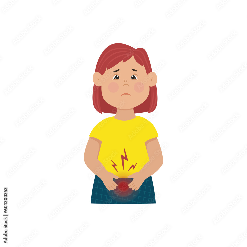 Cystitis in children, The girl holds her lower abdomen, Pain during urination. Vector illustration. Childrens infections. Cystitis in children, The girl holds her lower abdomen, Pain during urination. Vector illustration. Childrens infections.