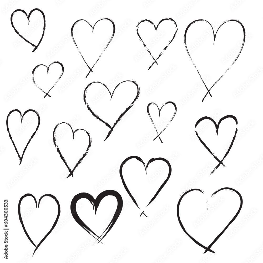 Heart hand drawn with brush hearts set vector