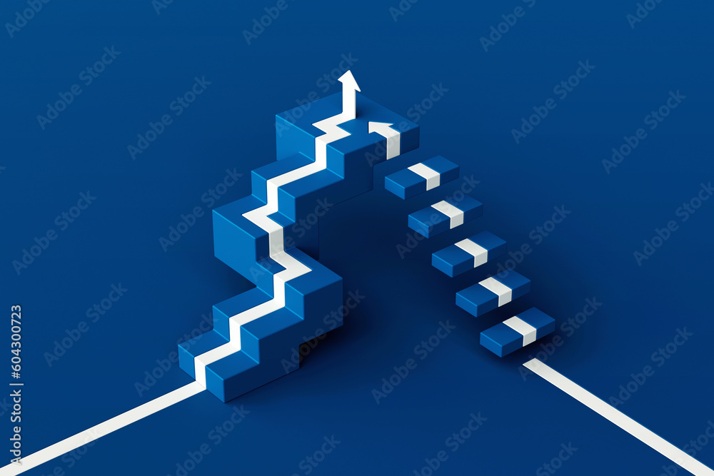 White arrow following on two stair with blue background, white arrow climbing up over two staircase, 3d stairs with arrow going upward, 3d rendering
