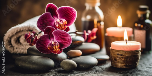 Spa and wellness setting with orchid flower, candles and towel. AI Generative.