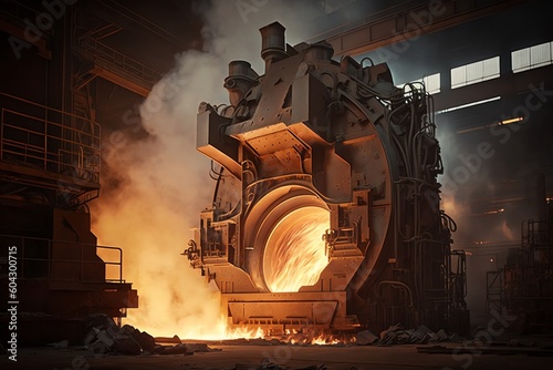 Steel making plant factory. Glow and Sparks produced while pouring of raw metal into hot furnace by large ladle of Steel plant. Generative AI