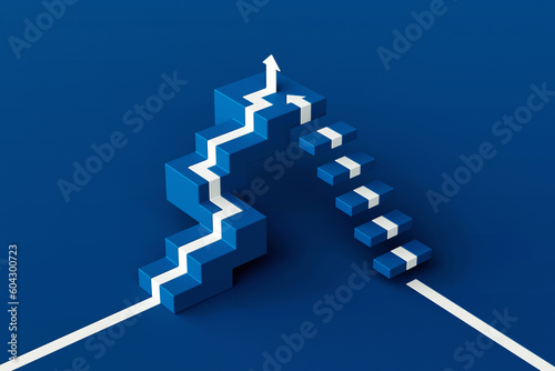 Obraz na płótnie White arrow following on two stair with blue background, white arrow climbing up over two staircase, 3d stairs with arrow going upward, 3d rendering w salonie