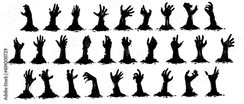Hand-drawn set of vector silhouette zombie hands bursting out of the ground on a white background for games, animation or other graphic products. Scary zombie hands. Creepy hands for Halloween.