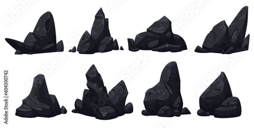 Hand-drawn set of vector gray stones of different shapes on a white background for games, animation or other graphic products.