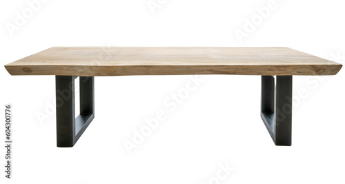 Nowoczesny stół, drewniany gruby blat i czarne metalowe nogi, transparentne tło.
