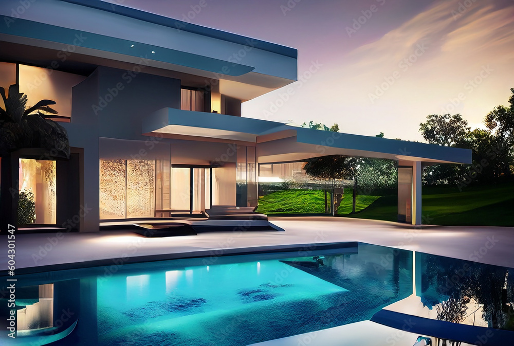 3d rendering of modern cozy house with pool and parking for sale or rent in luxurious style. Generated AI