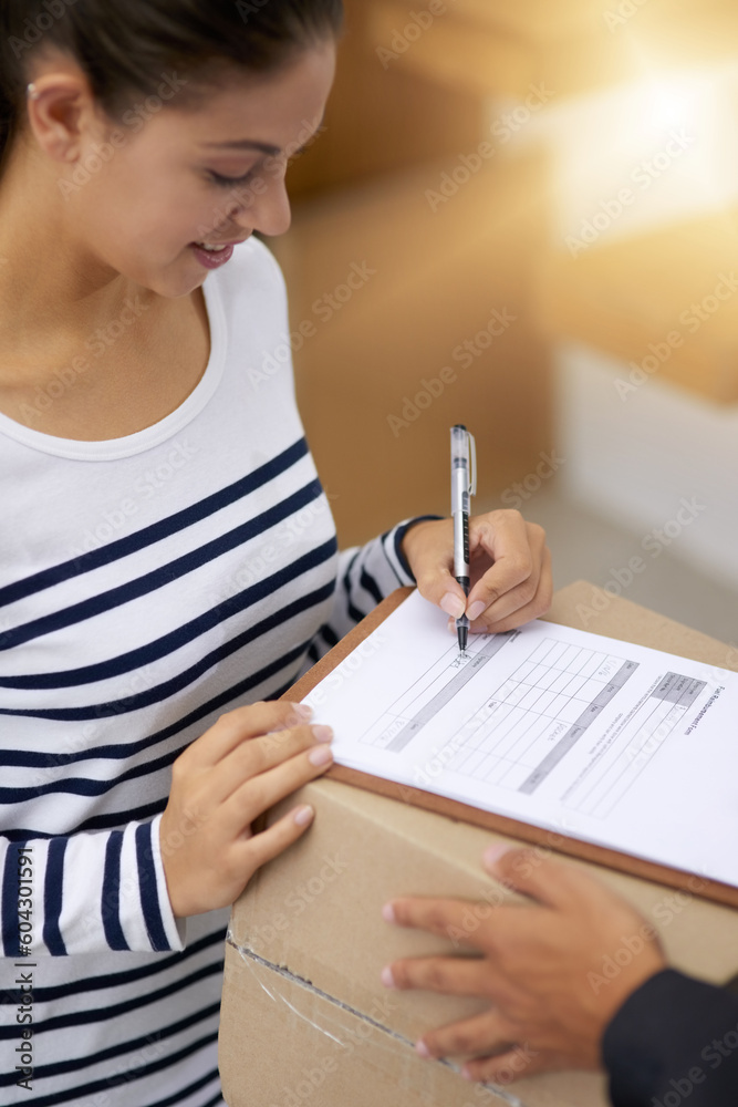 Delivery, sign and woman with courier, shipping service or supplier and get a package from ecommerce distribution. Mail, box and female person or customer signature with smile for shipment order Delivery, sign and woman with courier, shipping service or supplier and get a package from ecommerce distribution. Mail, box and female person or customer signature with smile for shipment order