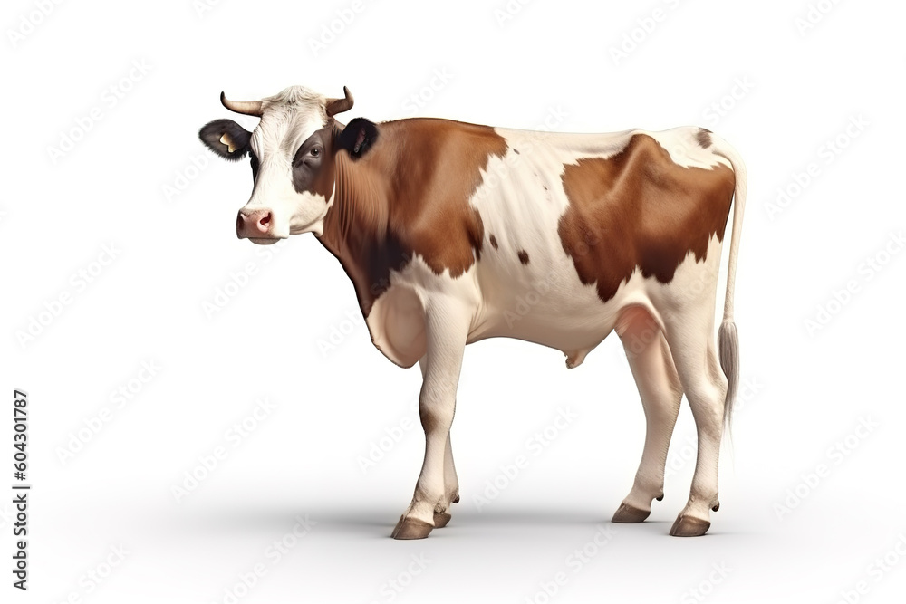 Image of cow on white background. Farm animals. Illustration, generative AI.