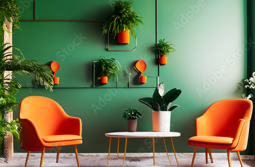 Green living room interior with orange armchairs  coffee table and plants. 3d render. Generated AI