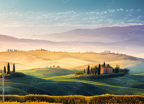 Tuscany landscape with cypresses trees and farmhouse. Generated AI