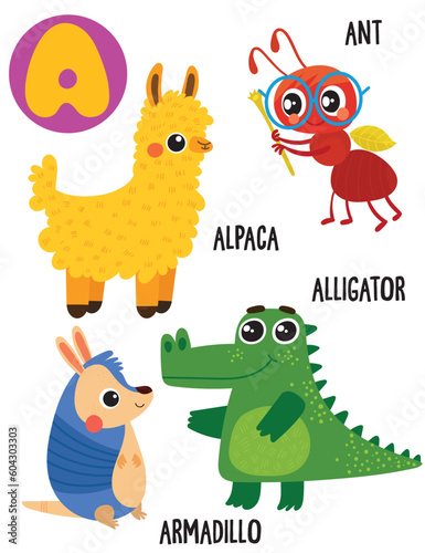 English alphabet with cute animals vector illustrations set. Funny cartoon animals:alpaca, ant, armadillo, alligator. Alphabet design in a colorful style.