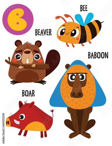 English alphabet with cute animals vector illustrations set. Funny cartoon animals  beaver  baboon  boar  bee. Alphabet design in a colorful style.