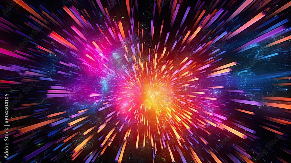 A radiant abstract background with exploding neon shapes, captured with a wide-angle lens during the twilight hours, using a vivid color film for maximum impact - Generative ai A radiant abstract background with exploding neon shapes, captured with a wide-angle lens during the twilight hours, using a vivid color film for maximum impact - Generative ai