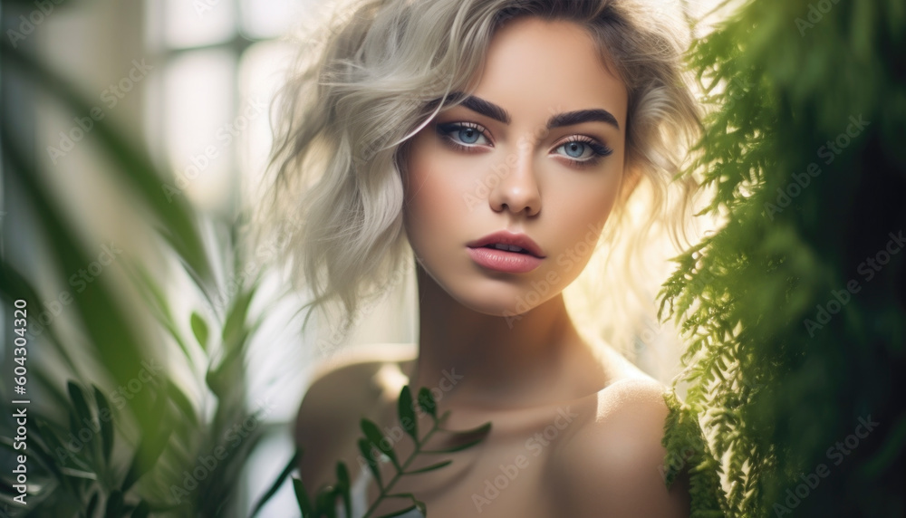 Fototapeta premium Beautiful young female influencer model with perfect makeup and glamorous lifestyle. Generative AI illustrations