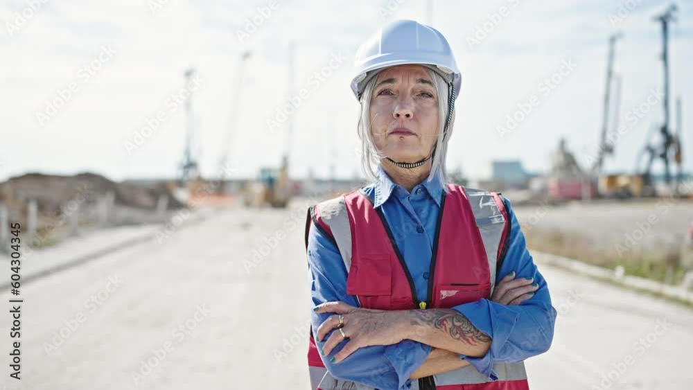 Middle age grey-haired woman builder standing with relaxed expression and arms crossed gesture at street Middle age grey-haired woman builder standing with relaxed expression and arms crossed gesture at street