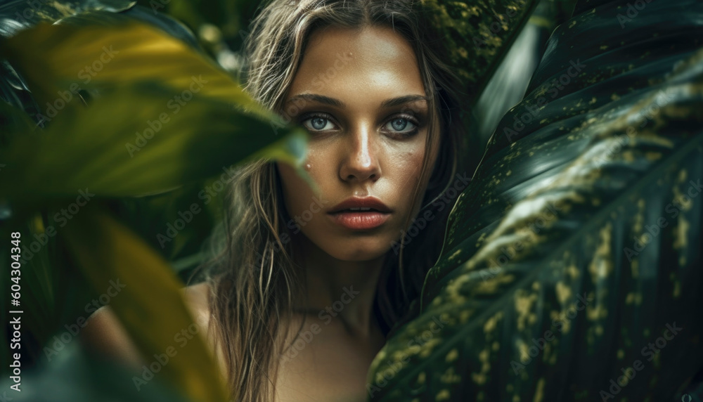 Beautiful young female influencer model with perfect makeup and