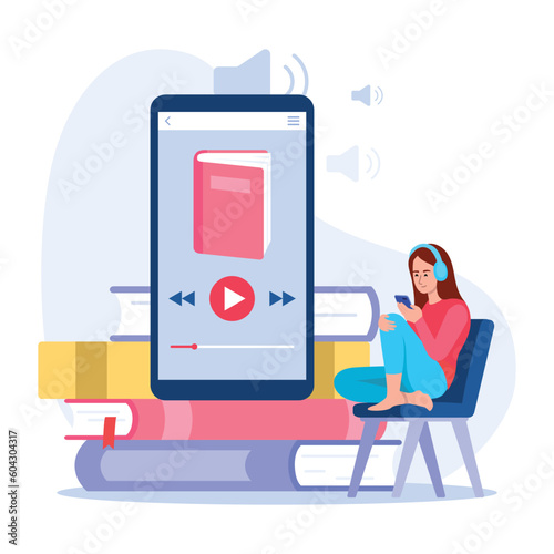 Vector illustration of a girl listening to audiobooks. Cartoon scene with a cute girl sitting in headphones and holding a phone and listening to an audiobook isolated on a white background.