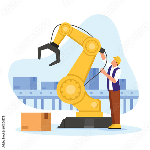 Vector illustration of a man with an industrial robot. Cartoon scene with a man operating a yellow robot to deliver parcels and a conveyor line with boxes isolated on a white. Industrial service.