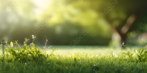 Beautiful meadow field with fresh grass and flowers in nature against a blurry green background with sun rays. Summer spring perfect natural landscape. Generative AI.