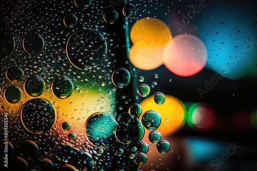 Background of Dew drops on a glass with night bokeh effect