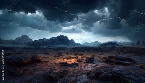 gloomy black stone country desert with black rocks and mountains, storm clouds, glowing lightning, cinematic, realistic, intricate fine details, generative AI