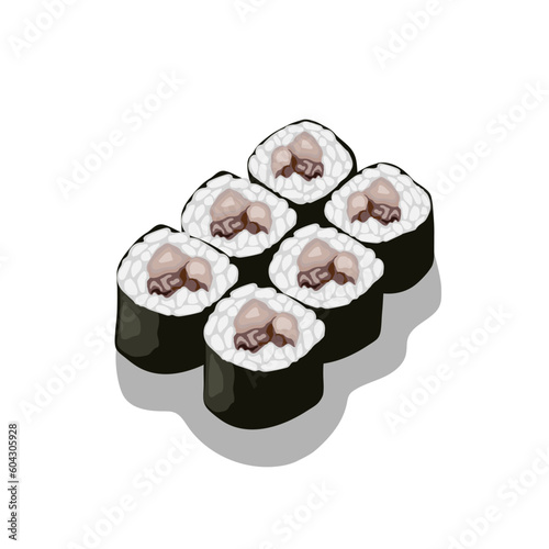 Sushi, Japanese cuisine, vector illustration. Roll with octopus.