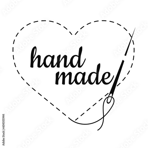 Silhouette of embroidered heart with thread, sewing needle and inscription "hand made". Black isolated vector illustration of handmade work and creative occupation