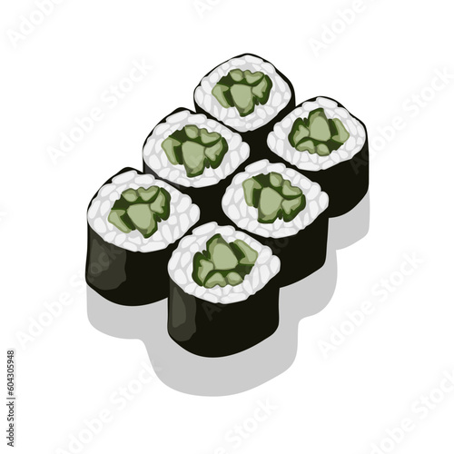 Sushi, Japanese cuisine, vector illustration. Roll with cucumber.