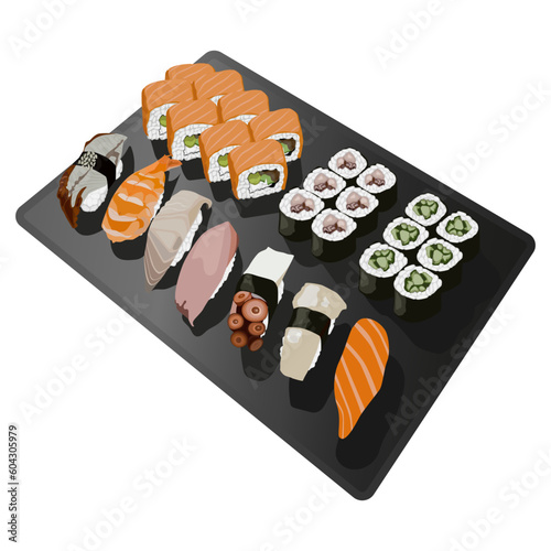 Sushi, Japanese food menu vector illustration. Rolls and sushi