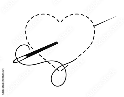 Silhouette of heart with interrupted contour. Vector illustration of handmade work with embroidery thread and needle on white background.	