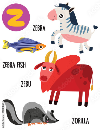 English alphabet with cute animals vector illustrations set. Funny cartoon animals: zebra,zorilla, zebra fish,zebu . Alphabet design in a colorful style. photo