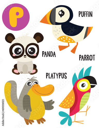 English alphabet with cute animals vector illustrations set. Funny cartoon animals: panda, platypus, puffin, parrot. Alphabet design in a colorful style.