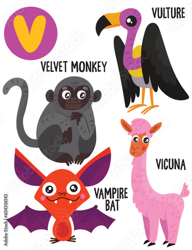 English alphabet with cute animals vector illustrations set. Funny cartoon animals: vicuna,vampire bat,velvet monkey,vulture. Alphabet design in a colorful style.