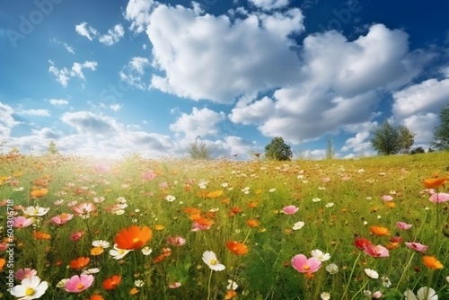 Beautiful blooming field of flowers and blue sky with white clouds. Generative AI.