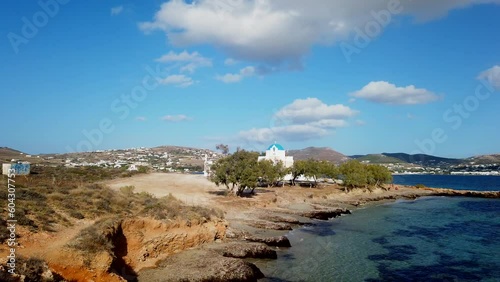 Paros Island, Greece - 27 September 2020: View of the Agios Fokas, traditional orthodox Greek Church. Aegean coast. photo