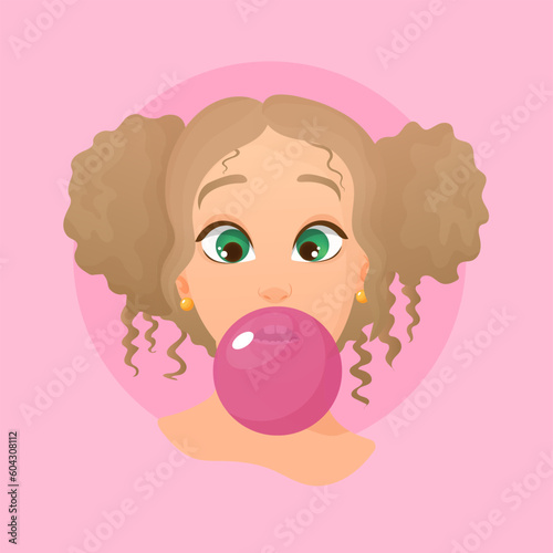 Girl with the flavor chewing cute cartoon bubble gum