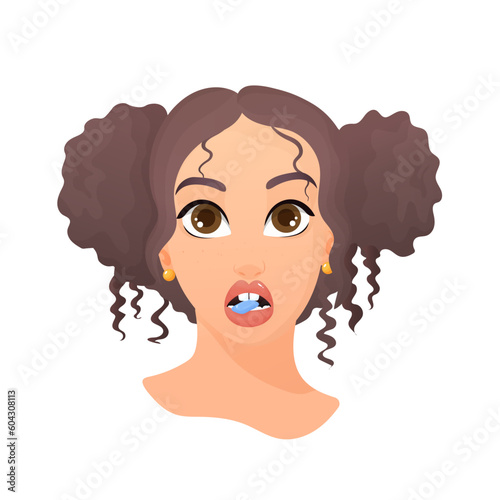 Girl with the flavor chewing cute cartoon bubble gum
